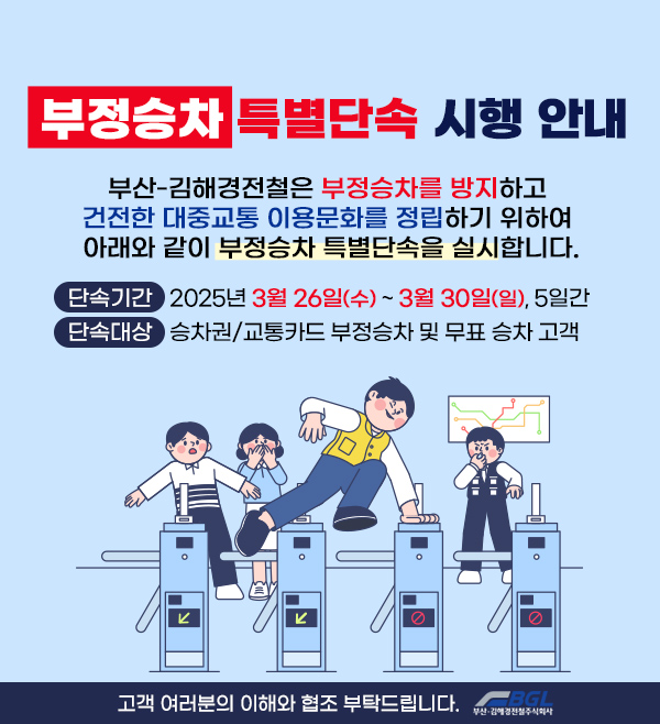 부정승차 특별단속 시행 안내
부산-김해경전철은 부정승차를 방지하고 건전한 대중교통 이용문화를 정립하기 위하여 아래와 같이 부정승차 특별단속을 실시합니다.
〇 단속기간 : 2025년 3월 26일(수) ~ 3월 30일(일), 5일간
〇 단속대상 : 승차권/교통카드 부정승차 및 무표 승차 고객

고객 여러분의 이해와 협조 부탁드립니다.
부 산 - 김 해 경 전 철